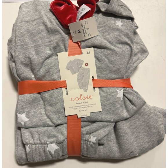 Colsie Women's T-Shirt and Fleece Joggers Pajama Set with Scrunchie Gray M - Picture 1 of 8